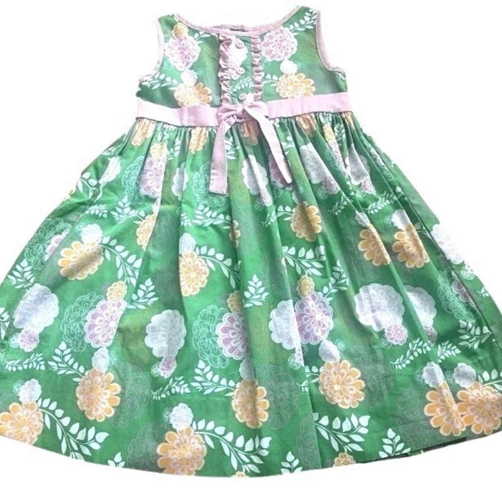 Strasburg Children Green Floral Sleeveless Dress Pink Bow Girls Size 8Y